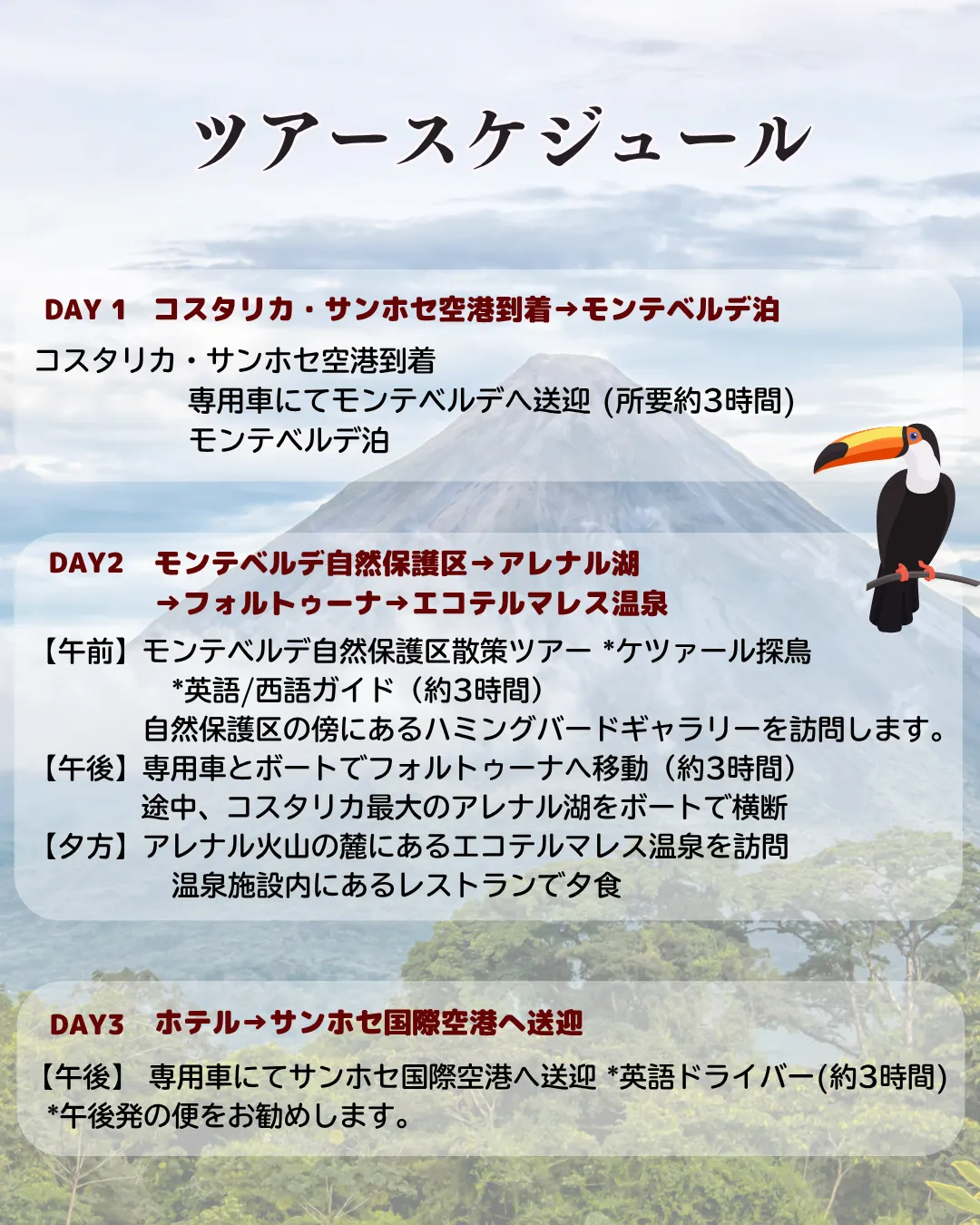 スーパーサマーセール　コスタリカ　ツアー　２泊３日　スケジュール